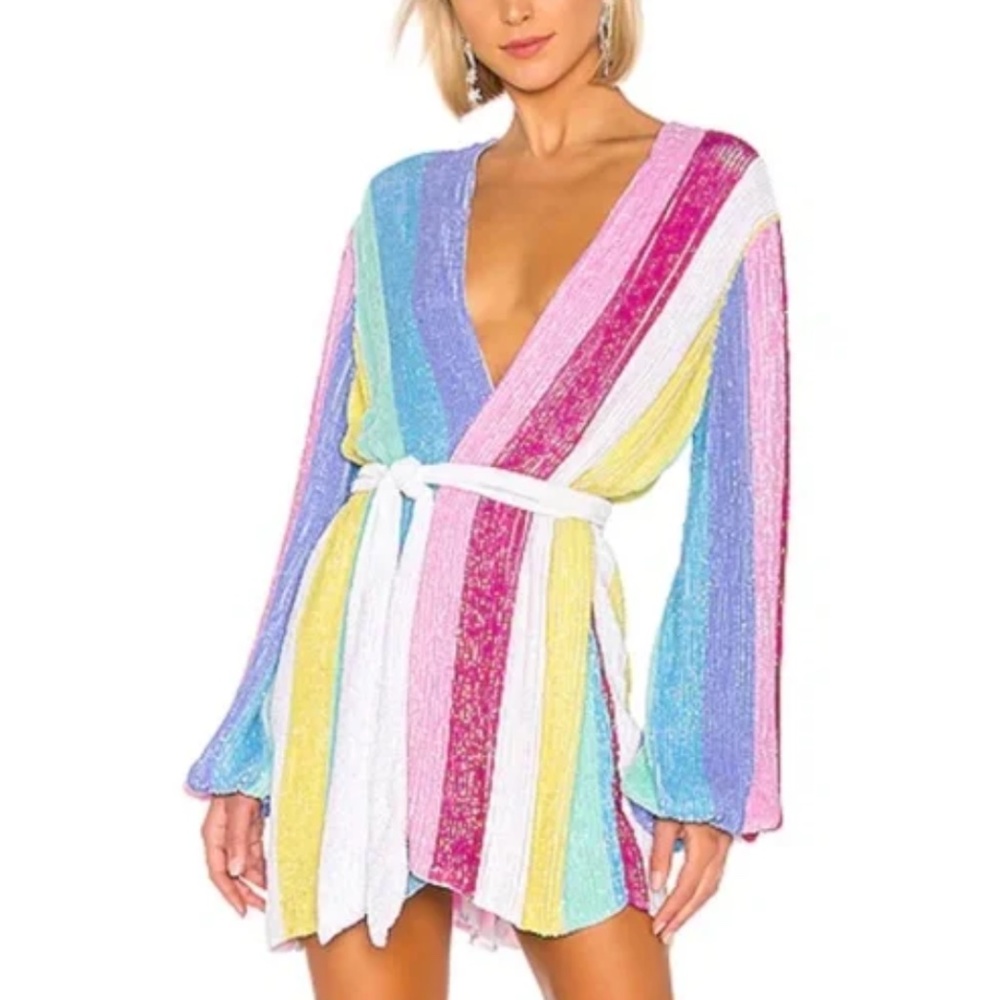 NWT Retrofete Gabrielle Dress Rainbow Unicorn Stripe Print SMALL Lover Era